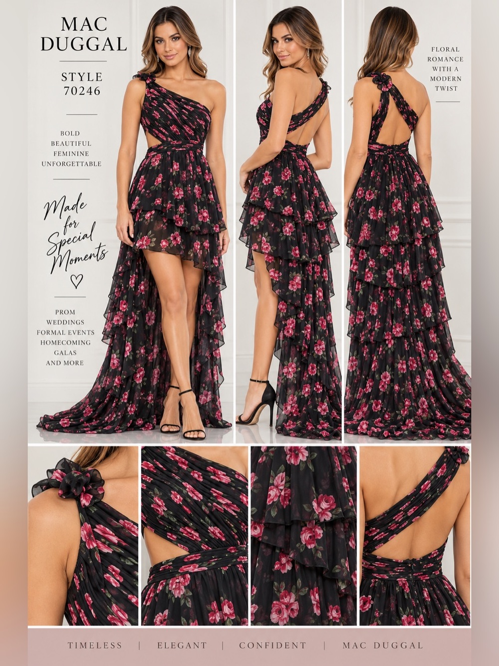 Mac Duggal 70246 Floral One Shoulder High Low Formal Gown Size 6